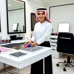 **Professional Nail Artist Studio in Riyadh:**
    "A fully clothed, professional Saudi Arabian nail artist working in a modern, upscale studio in Riyadh, appropriate attire, safe for work, perfect anatomy, natural proportions, clean workspace, high-resolution, natural lighting, displaying a variety of nail art tools and designs, professional photography, modest setting, family-friendly"